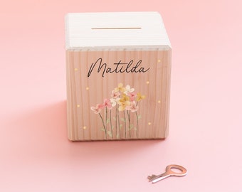 Money box girl, money box personalized, money box wood, money box flowers, money box child, baptism gift girl