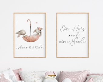 Geschwister Poster, Geschwisterbild, Geschwister Geschenk, Kinderzimmer Bild Schwestern, Zwei Hasen, Beste Schwester, Poster Schwester