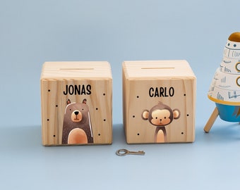 Scimmia salvadanaio, orso salvadanaio, cubo salvadanaio in legno, salvadanaio per bambini, regali per bambini, salvadanaio animale con nome