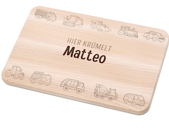 Frühstücksbrett Bagger, Brettchen Auto, Frühstücksbrett personalisiert, Kindergeschenke Junge, Brettchen Traktor