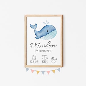Geburtsposter Wal, Geburtsposter Junge, Geburtsposter Mädchen, Geburtsposter mit Rahmen, Babygeschenk Geburt, Taufgeschenk, Kinderposter