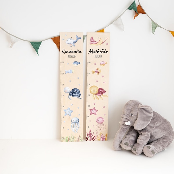 Personalisierte Messlatte Meerestiere, Schildkröte, Taufgeschenk personalisiert, Baby Geschenk, Messlatte Kinder Holz, Kinderzimmer