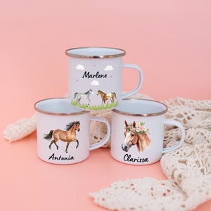Pferde Geschenk für Mädchen, Tasse Pferd, Emaille Tasse Mädchen, Geschenke für Mädchen, Schulanfang Mädchen, Kindertasse Pferd