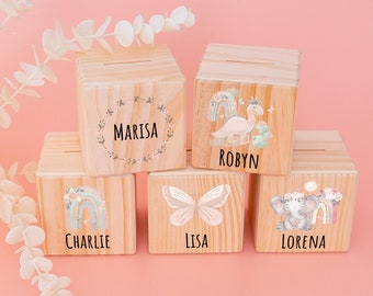 Money box girl, money box personalized, money box wood, baptism girl, money box child, money box butterfly