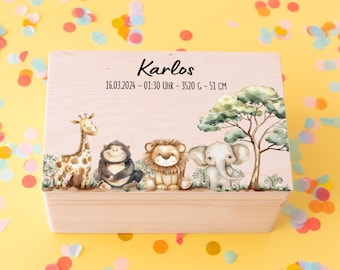Erinnerungsbox Safari Tiere, Erinnerungskiste Baby, Personalisierte Erinnerungskiste, Erinnerungsbox personalisiert Baby, Geburt, Taufe