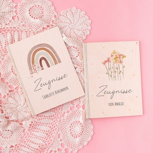 Zeugnismappe, Zeugnismappe personalisiert, Zeugnismappe Mädchen, Zeugnismappe Regenbogen, Zeugnismappe Holz, Schulanfang Mädchen
