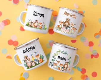 Tasse Waldtiere, Kinder Emaille Becher Mädchen, Emaille Tasse Junge, Kindergarten Tasse, Kinderbecher, Campingtasse, Namenstasse