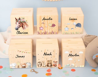 Personalized money box, money box, child money box, wooden money box, baby gift birth, baptism, baptism money box