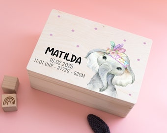 Erinnerungskiste Elefant, Geburt Geschenk, Taufe Geschenk, Taufgeschenk Holzkiste, Elefant Baby, Taufe