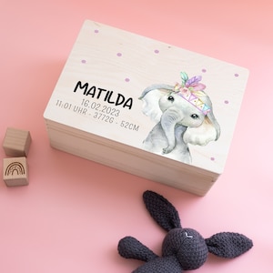 Erinnerungskiste Elefant, Geburt Geschenk, Taufe Geschenk, Taufgeschenk Holzkiste, Elefant Baby, Taufe, Spielzeugkiste