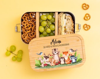 Personalized lunch box, lunch box, children's lunch box, lunch box with wooden lid, animal lunch box, stainless steel lunch box, snack box