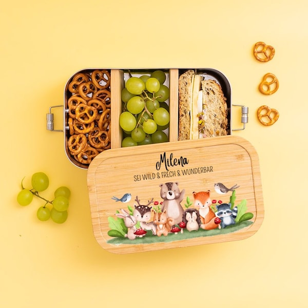 Brotdose personalisiert, Brotdose, Brotdose Kinder, Lunchbox mit Holzdeckel, Brotdose Tiere, Edelstahl Brotdose, Vesperdose