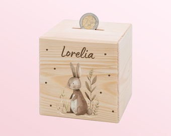 Money box rabbit, rabbit money box child, children's money box girl, personalized money box wood, money box name, gift birthday