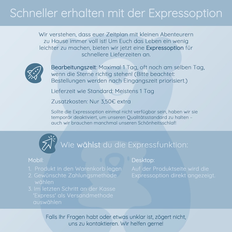 Może przedstawiać: Niebiesko-biała grafika z ikoną rakiety i tekstem "Schneller erhalten mit der Expressoption". Grafika wyjaśnia, jak uzyskać szybszą wysyłkę za pomocą Expressoption, kt&oacute;ra kosztuje dodatkowe 3,50 euro. Grafika wyjaśnia r&oacute;wnież, że Expressoption może być czasowo niedostępna.
