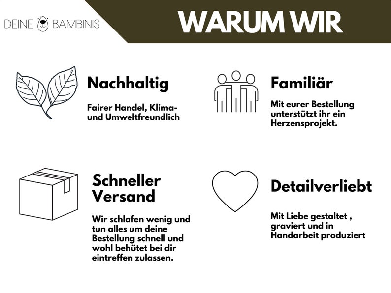 Op de afbeelding: Een afbeelding met vier redenen waarom je bij deze winkel moet kopen: duurzaam, familiegericht, snelle verzending en oog voor detail. De afbeelding bevat pictogrammen van bladeren, mensen die elkaars handen vasthouden, een doos en een hart.