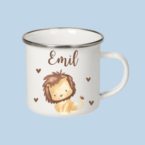 Tasse Kinder, Emaille Tasse, Tasse mit Namen, Schulanfang Geschenk, Tasse Jungen, Tasse Tiere, Kindergeschenk Löwe