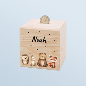 Kinder Spardose personalisiert, Spardose Junge, Spardose mit Waldtieren, Spardose Holz, Spardose mit Name, Spardose Baby