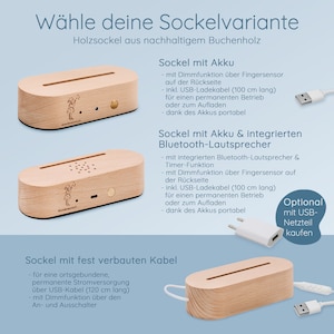 Może przedstawiać: Trzy r&oacute;żne drewniane podstawy do lampki nocnej. Pierwsza podstawa ma wbudowany akumulator i kabel ładujący USB. Druga podstawa ma wbudowany akumulator i głośnik Bluetooth. Trzecia podstawa ma połączenie kablowe z kablem USB. Każda podstawa ma ściemniacz i jest wykonana z trwałego drewna bukowego.