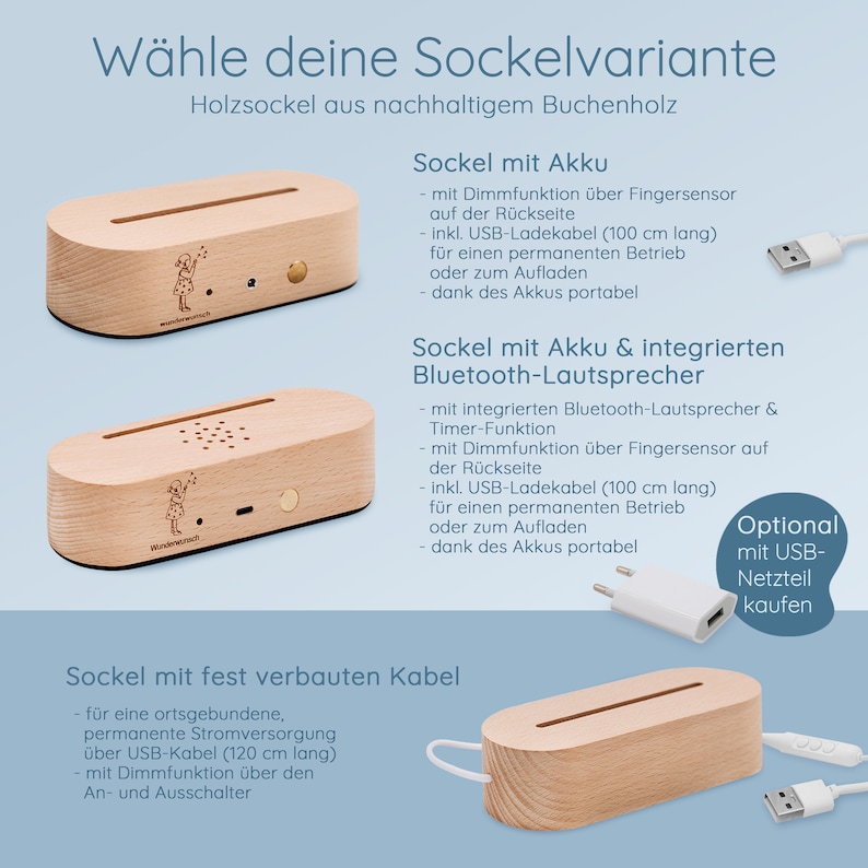 Może przedstawiać: Trzy r&oacute;żne drewniane podstawy do lampki nocnej. Pierwsza podstawa ma wbudowany akumulator i kabel ładujący USB. Druga podstawa ma wbudowany akumulator i głośnik Bluetooth. Trzecia podstawa ma połączenie kablowe z kablem USB. Każda podstawa ma ściemniacz i jest wykonana z trwałego drewna bukowego.