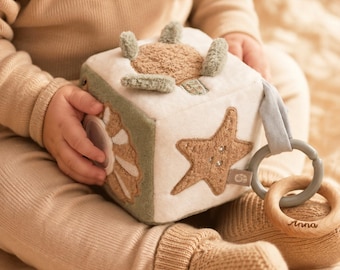 May include: A soft fabric activity cube featuring embroidered sea-themed appliques including a brown starfish and a shell. The cube has a sage green border, a light blue fabric loop, and two attached rings, one wooden with the name Anna engraved.