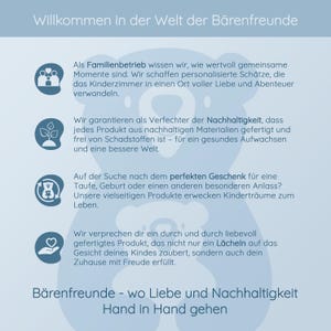 May include: A light blue graphic with text in German, including "Willkommen in der Welt der B&auml;renfreunde" and descriptions of products for children. The image features icons of a family, leaves, a teddy bear, and a heart.