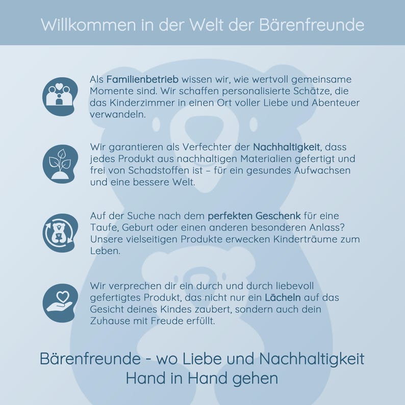 May include: A light blue graphic with text in German, including "Willkommen in der Welt der B&auml;renfreunde" and descriptions of products for children. The image features icons of a family, leaves, a teddy bear, and a heart.