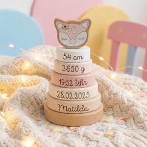 Stapelturm Reh, Stapelturm personalisiert, Babygeschenke, Geschenk Geburt, Taufe Mädchen, Steckspiel, Stapelringe, Stapelturm Baby