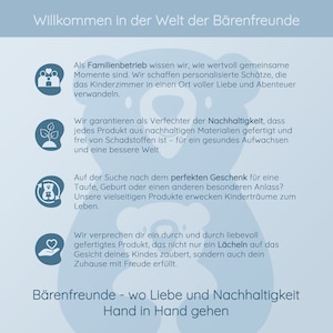 Może przedstawiać: Kolorowa ilustracja rodziny, rośliny i niedźwiedzia z sercem. Tekst brzmi "Willkommen in der Welt der B&auml;renfreunde" i "B&auml;renfreunde - wo Liebe und Nachhaltigkeit Hand in Hand gehen". Tekst opisuje firmę rodzinną, kt&oacute;ra tworzy spersonalizowane prezenty dla dzieci, wykonane z materiał&oacute;w zr&oacute;wnoważonych.