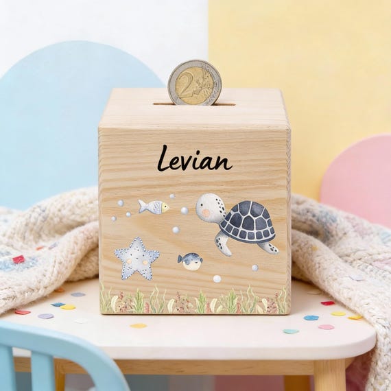 Spardose, Spardose Personalisiert, Spardose Schildkröte, Meerestiere Deko Geburtstag, Spardose Holz, Babygeschenk, Taufe