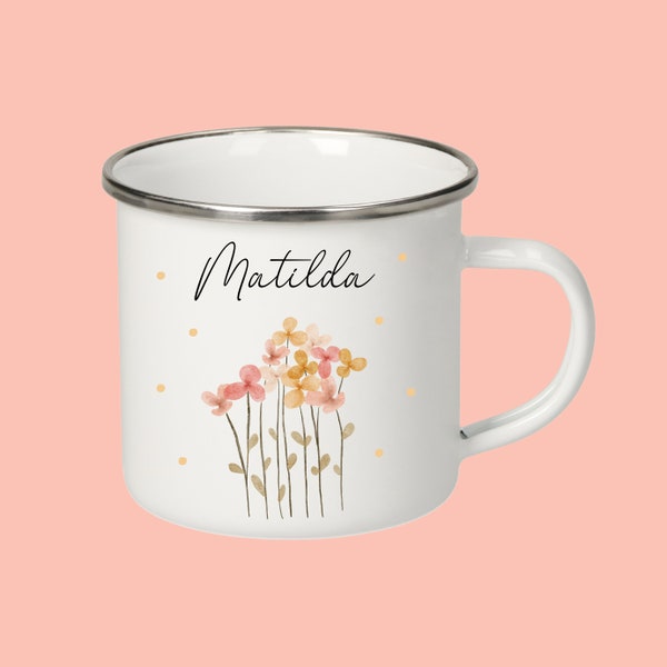 Emaille Tasse, Kindertasse Mädchen, Schulanfang Geschenk Mädchen, Tasse Mädchen, Tasse Blumen, Kindergeschenk Mädchen