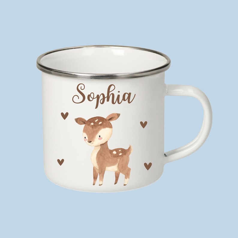 Tasse Kinder, Emaille Tasse, Tasse mit Namen, Schulanfang Geschenk, Tasse Jungen, Tasse Tiere, Kindergeschenk Reh