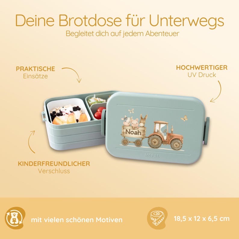 May include: A light blue lunchbox with a removable insert, featuring a cartoon tractor with animals and the name "Noah". The lunchbox is 7.3 inches by 4.7 inches by 2.6 inches.