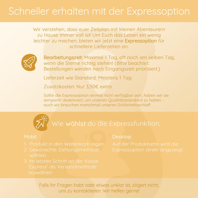 May include: A promotional graphic with text in German, advertising an express shipping option. The text is on a light orange background with a rocket ship icon and a hand with a lightning bolt icon. The text describes the benefits of the express option.