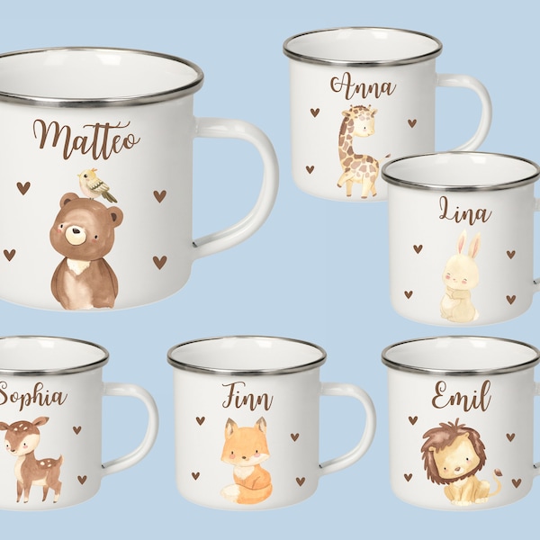 Children's cup, enamel cup, cup with name, back to school gift, boy cup, animal cup, children's gift