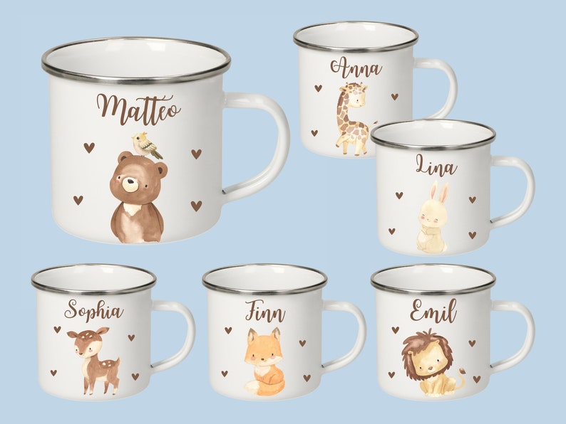 Tasse Kinder, Emaille Tasse, Tasse mit Namen, Schulanfang Geschenk, Tasse Jungen, Tasse Tiere, Kindergeschenk Bild 1