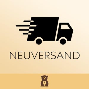 Peut inclure: Silhouette noire d'un camion de livraison avec des lignes de mouvement, suggérant la vitesse. Le mot "NEUVERSAND" est écrit en dessous dans une police sans-serif épurée. Un logo d'ours est en bas. Le fond est beige clair.