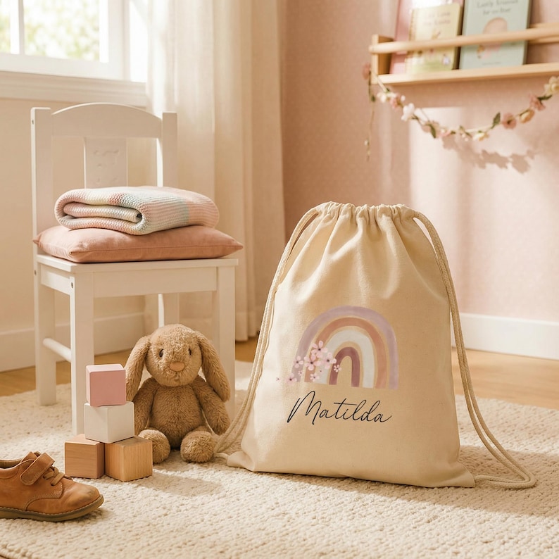 Personalized gym bag for children, sports bag with name, spare clothes for daycare, fabric bag for kindergarten, gift for girls starting school image 1