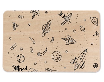 Brettchen mit Gravur, Frühstücksbrett Weltraum, Frühstücksbrett Kinder, Brettchen personalisiert, Brettchen Rakete