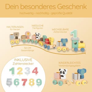 May include: A wooden toy train with animal-themed carriages, including a bear, panda, and elephant. The train is 54 cm long and includes number candles. The text on the image says "Your special gift".