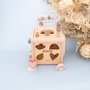 Cube de motricité, jouet Montessori, 1er anniversaire fille, cube de motricité personnalisé, cadeaux bébé, cadeau naissance bébé, baptême rosa