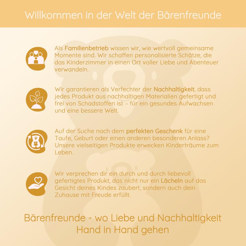 May include: A light beige background with text in German. The text includes the phrase "Willkommen in der Welt der B&auml;renfreunde" and describes the company's values and products. There are also several small, illustrated icons.