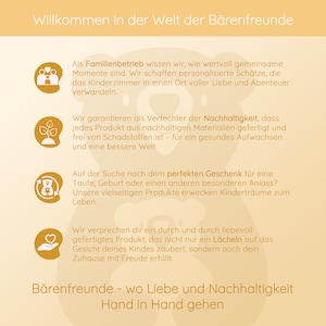 May include: A yellow and white illustration of a bear with the text "Willkommen in der Welt der B&auml;renfreunde" at the top of the image. The text "B&auml;renfreunde - wo Liebe und Nachhaltigkeit Hand in Hand gehen" is at the bottom of the image. The image is a promotional graphic for a company that makes sustainable products for children.