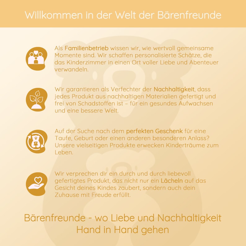 May include: A yellow and white illustration of a bear with the text "Willkommen in der Welt der B&auml;renfreunde" at the top of the image. The text "B&auml;renfreunde - wo Liebe und Nachhaltigkeit Hand in Hand gehen" is at the bottom of the image. The image is a promotional graphic for a company that makes sustainable products for children.