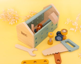 Gift 2nd birthday boy, tool box wooden, tool box with name, wooden toy boy, birthday boy