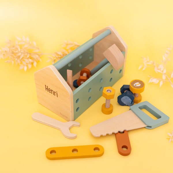 Cadeau 2e anniversaire garçon, boîte à outils en bois, boîte à outils avec nom, garçon de jouets en bois, garçon d'anniversaire