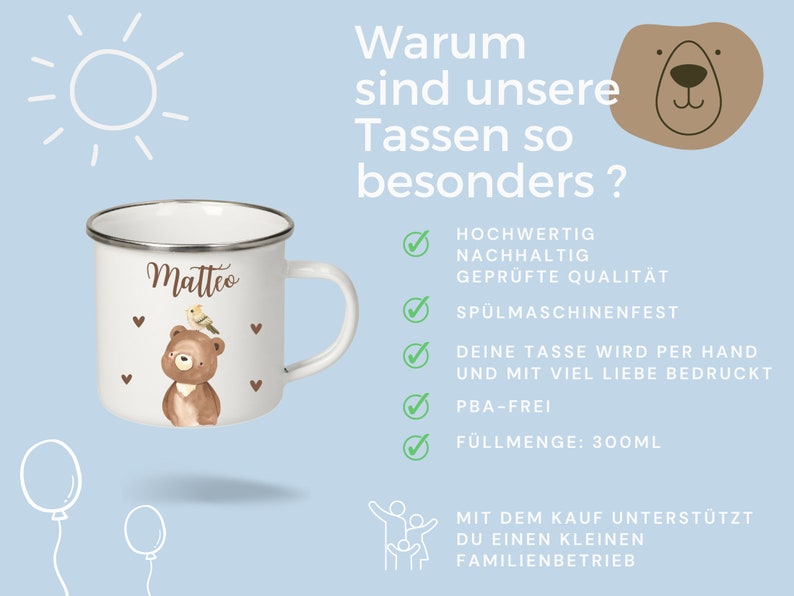 Tasse Kinder, Emaille Tasse, Tasse mit Namen, Schulanfang Geschenk, Tasse Jungen, Tasse Tiere, Kindergeschenk Bild 8