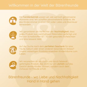 May include: A yellow and white illustration of a bear with the text "Willkommen in der Welt der B&auml;renfreunde" at the top of the image. The text "B&auml;renfreunde - wo Liebe und Nachhaltigkeit Hand in Hand gehen" is at the bottom of the image. The image is a promotional graphic for a company that makes sustainable products for children.