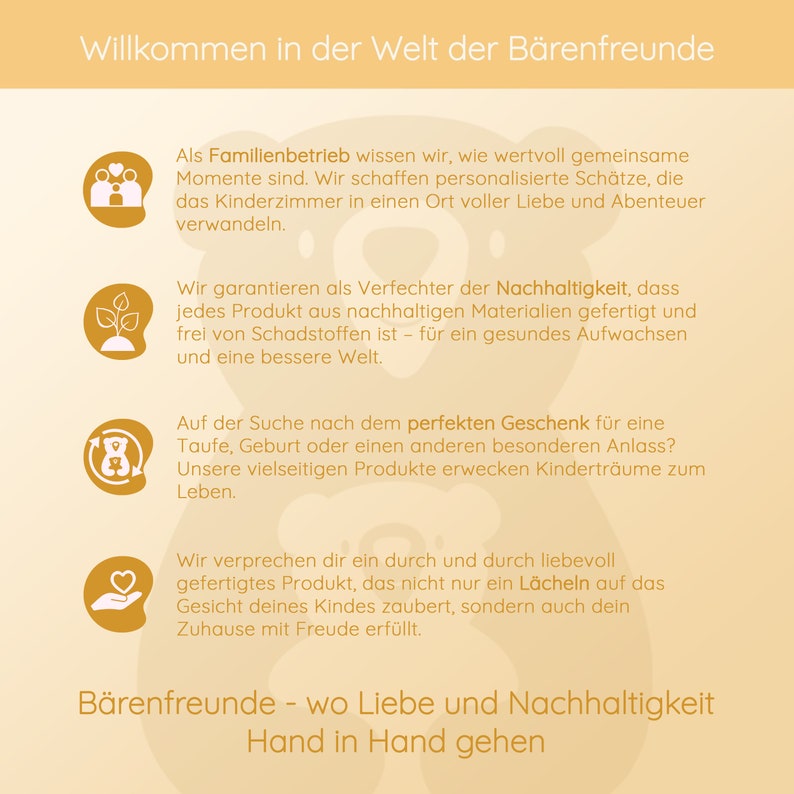 May include: A yellow and white illustration of a bear with the text "Willkommen in der Welt der B&auml;renfreunde" at the top of the image. The text "B&auml;renfreunde - wo Liebe und Nachhaltigkeit Hand in Hand gehen" is at the bottom of the image. The image is a promotional graphic for a company that makes sustainable products for children.