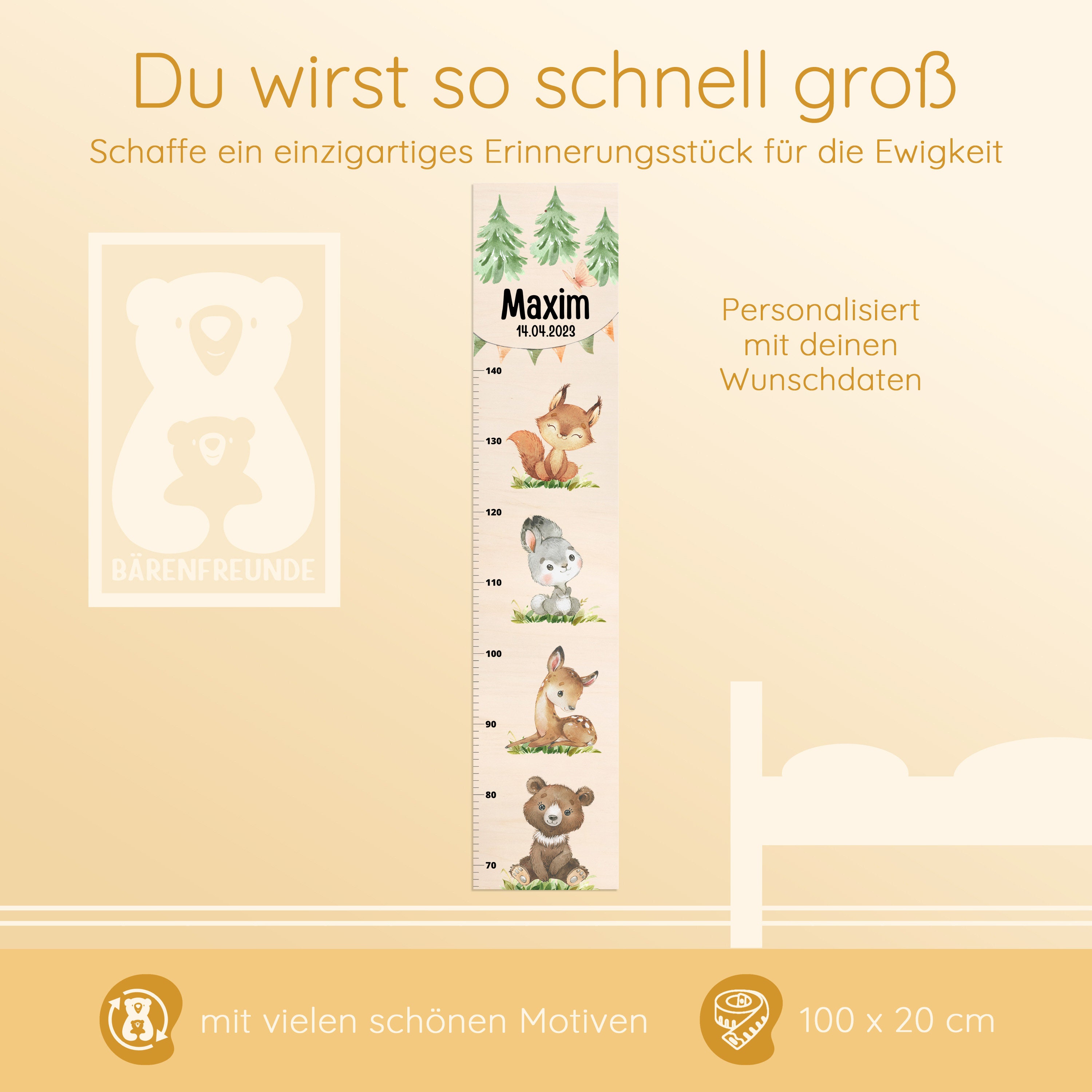 Messlatte Für Kinderzimmer - Holz Mit Waldtieren, Personalisierbar Für 90-150cm