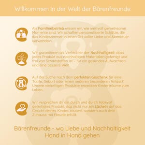 May include: A yellow and white graphic with the text "Willkommen in der Welt der B&auml;renfreunde" at the top. The graphic features three icons representing family, sustainability, and love. The text below the icons describes the company's commitment to creating personalized, sustainable, and loving products for children.